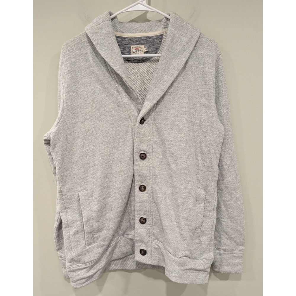 Faherty Grey Terry Button Front Collared Cardigan Size Medium